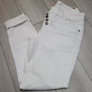 Cream Women's Embellished Button Fly Slim High Rise Denim Jeans 27 White Stretch